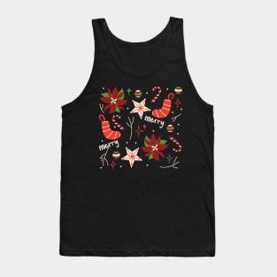 Retro Merry Christmas Vintage Aesthetic Pattern With Candy Canes, Poinsettia Flowers, Cookies, Decorations And Stars Tank Top